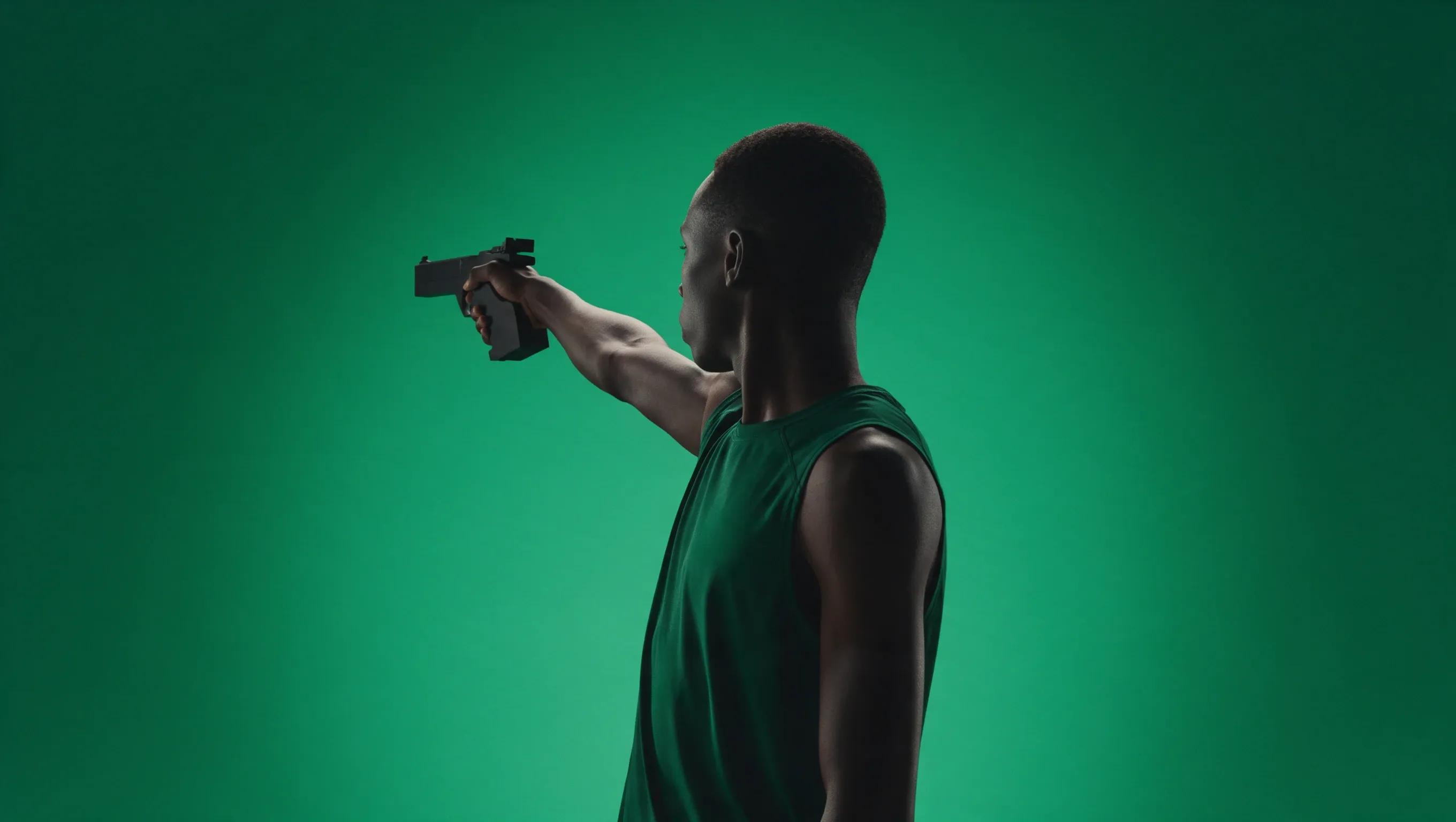 Un tireur de profil, bras tendu, visant au pistolet laser, en débardeur vert sur fond vert.